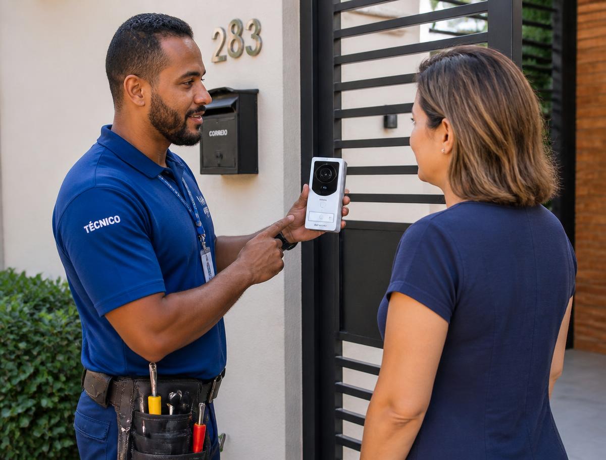 Profissional explicando vídeo porteiro para cliente na entrada de uma casa
